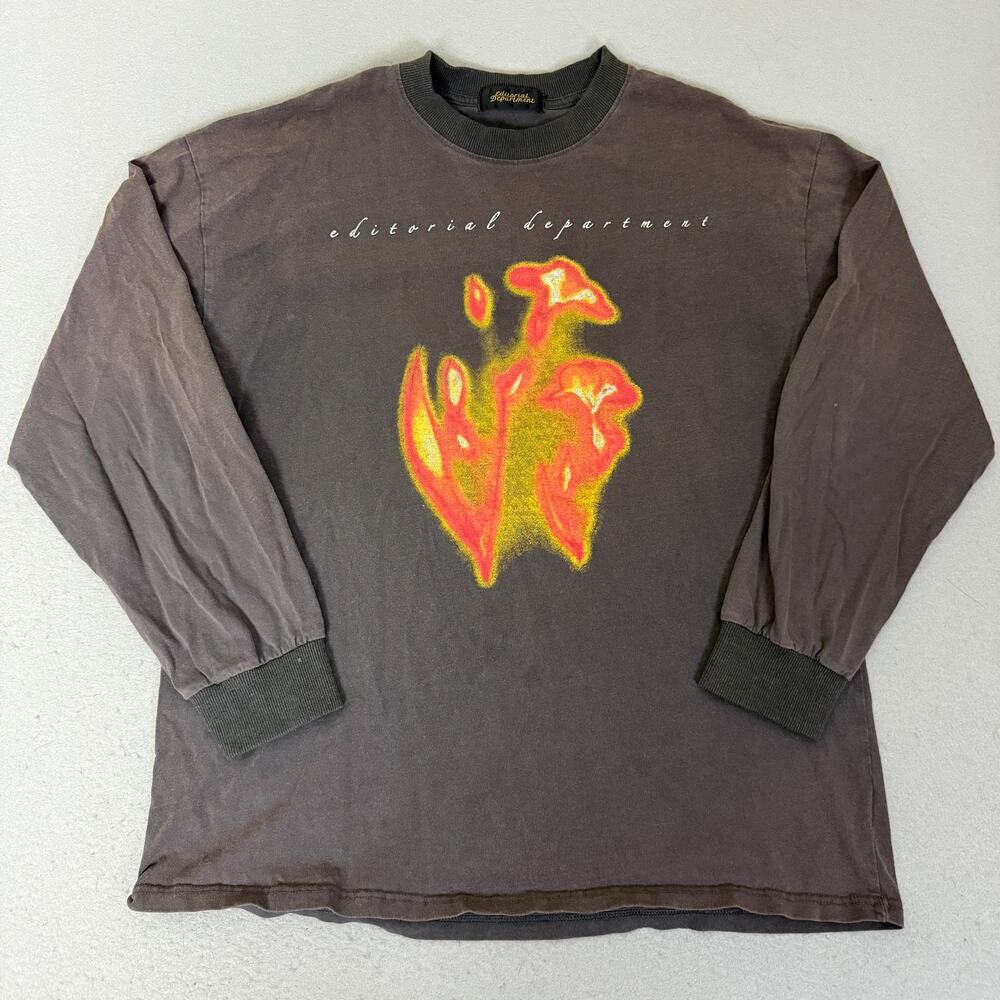 Editorial Department Long Sleeve Graphic Shirt Brown Floral Print Ribbed Cuffs
